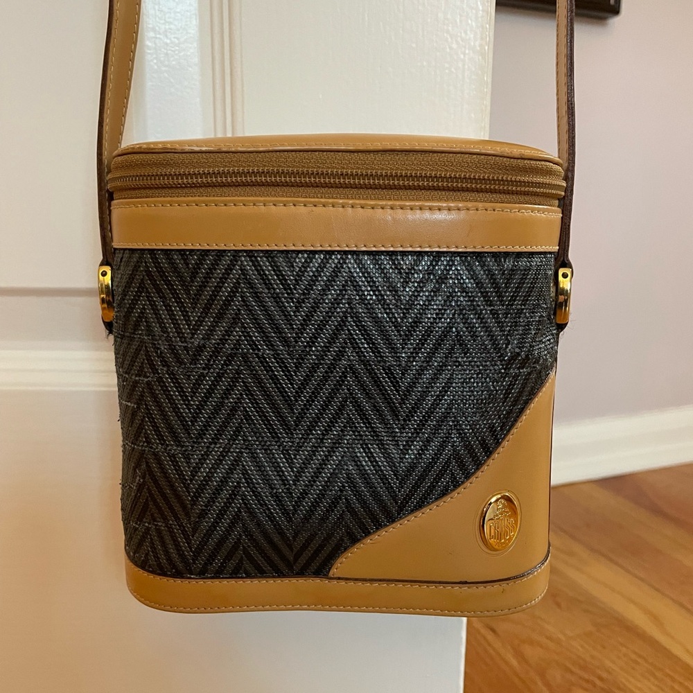 Mark Cross Vintage Box Mini Bucket Crossbody Bag Black Tan Canvas Leather gold